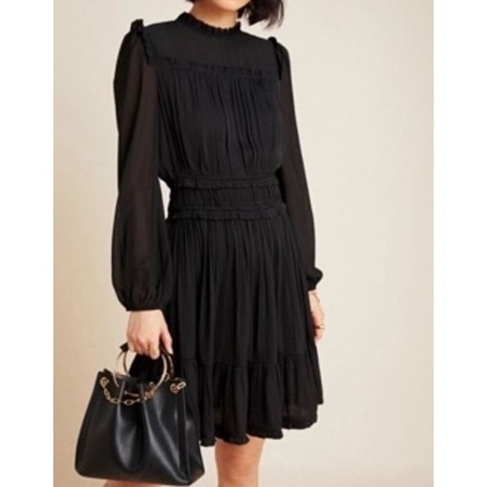 Current Air for Anthropologie Dress Womens M Charity Black Sheer Ruffle Mini NWT